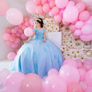 Robes de bal bleu clair robe de Quinceanera Appliques perles paillettes 15e robe de fête d'anniversaire Sweet 15 16 robe de princesse Pageant