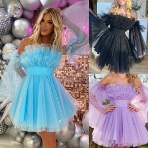 Lichtblauwe cocktailjurk 2k24 ruches tule babydoll junior dame optocht winter formele avond evenement hoco gala afstuderen homecoming NYE jurk klein zwart