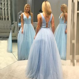 Light Blue Fairy Girl Cenicienta Prom Vestido de noche Sexy con cuello en V Vestido de fiesta largo Glitter Tulle Girl Vestido formal Vestidos Vestido Plus Size