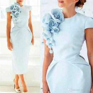 Lichtblauw formele moeder van de bruid jurk prom bloemen ronde hals korte mouwen goedkope bruiloft gast dresses264b