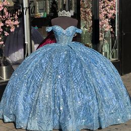 Robe De bal bleu clair à paillettes De cristal, épaules dénudées, Illusion d'arc, Corset doux, robes De XV Anos