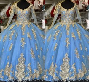 Robes de Quinceanera bleu clair or avec manches longues 2021 chérie appliques dentelle robe de bal douce 16 filles 15 fille Graduation fête robes de bal