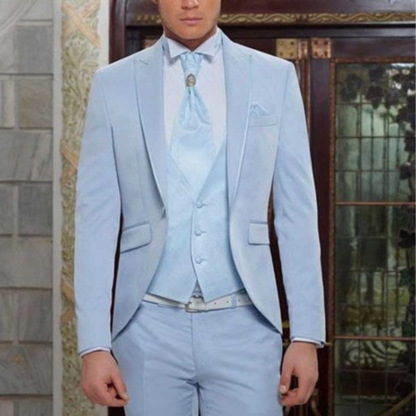 Smoking de marié bleu clair pour mariage revers à pointe 3 pièces Slim Fit hommes costumes pour dîner veste gilet avec pantalon X0909