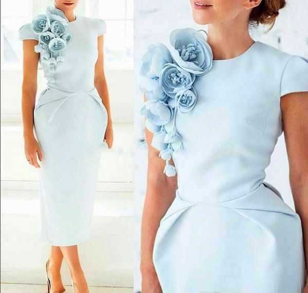 Bleu clair fleurs faites à la main robe de soirée formelle col rond manches courtes longueur de thé gaine robe de soirée de bal 2017 robes d'occasion spéciale pas cher