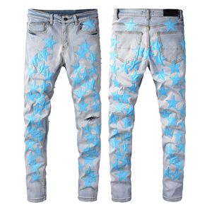Lichtblauwe jeans mannen ster patch slank fit 11 hoogwaardige motorbuierbroek heren hiphop broek maat 28-40