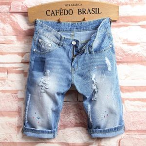 Lichtblauwe jeans mannen zomer gat mode denim shorts grote maat katoen hoge kwaliteit rechte knielengte mannen
