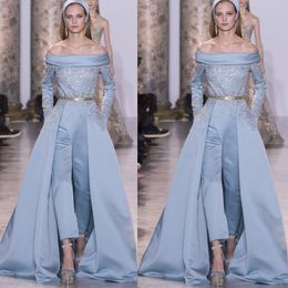 Robe de bal en Satin bleu clair, épaules dénudées, manches longues, avec paillettes détachables, robes de soirée appliquées