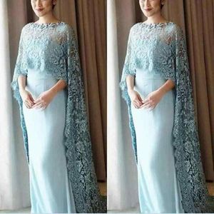 Lichtblauw Kant Cape Stijl Moeder Van De Bruid Jurken Chiffon Vloerlengte Prom Dress Custom Made Avondjurken Vestidos298D