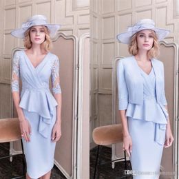 Bleu clair dentelle mère de la mariée robes avec veste appliques robes de soirée col en V gaine mariage invité Dress255y