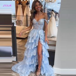 Robe de bal longue en dentelle bleu clair avec fente chérie sans manches en tulle robes de soirée étincelantes ALine robes de soirée formelles 240227