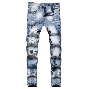 Lichtblauwe Letter Geborduurde Jeans Voor Heren Hiphop Street Style Denim Broek Lente Zomer Casual Slim Stretch Streetwear 28-42