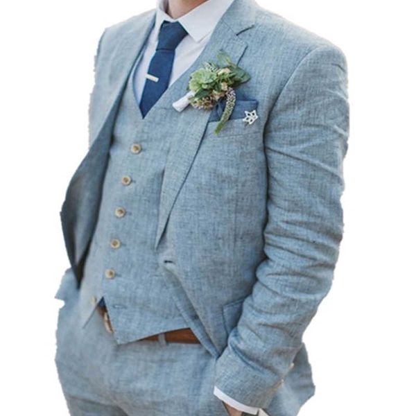 Smoking de marié en lin bleu clair pour mariage 3 pièces costumes pour hommes personnalisés avec revers cranté en plein air homme veste de mode gilet avec pantalon X0909