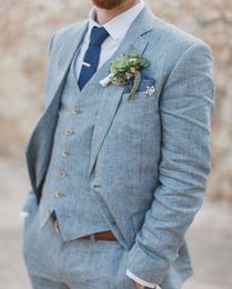 Lente zomer op maat gemaakte lichtblauwe linnen mannen pakken bruiloft suits slim fit 3 stuks smoking beste man terno masculino (jas + broek + vest)
