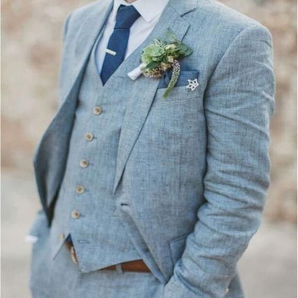 Costumes de mariage en lin bleu clair pour hommes Plage Terno Slim Fit Groom Custom 3 Piece Tuxedo Suit Vestidos (Veste + Pantalon + Gilet) 201106