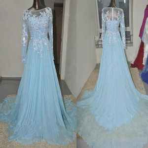 Bleu clair à manches longues Pageant robes de soirée femmes dentelle appliques robe de mariée Occasion spéciale bal demoiselle d'honneur robe de soirée226G