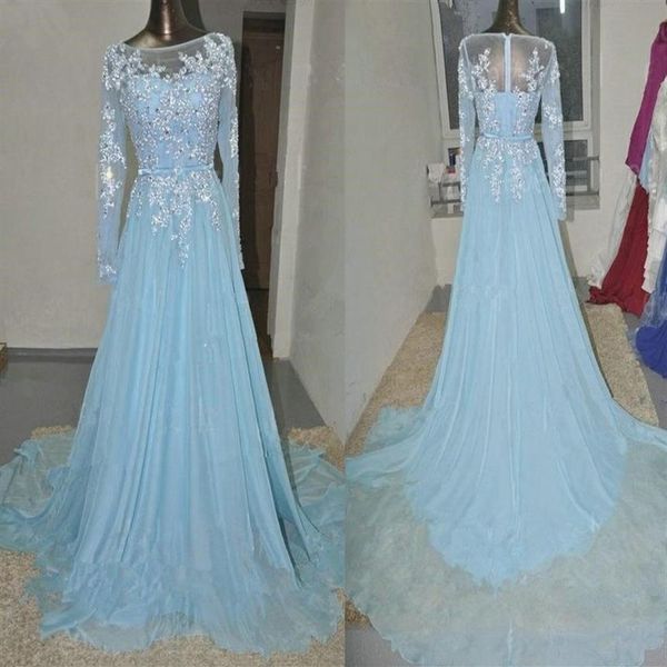 Bleu clair à manches longues Pageant robes de soirée femmes dentelle appliques robe de mariée Occasion spéciale bal demoiselle d'honneur fête Dress227u