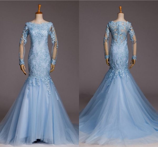 Robe De Mariée Bleu Clair À Manches Longues De Mari￩e Dentelle Décolleté Bateau Sirène Robes De Mariée Robes De Mariée Plus La Taille Tulle