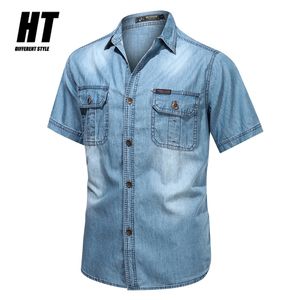 Lichtblauw heren denim shirts korte mouw dunne katoen slank elastische jeans zomer hoge kwaliteit zakken shirt 210809