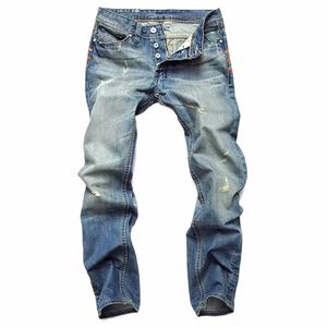 lichtblauwe heren denim broek vintage rechte slim fit gescheurde cowboysbroek butt fly mannelijke wo cott jeans v4c1 #