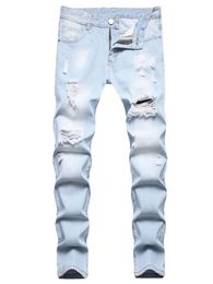 Bleu clair hommes déchiré jean mode décontracté Streetwear coupe ajustée Denim pantalon motard trou Hip Hop pantalon taille 28-42 pantalons