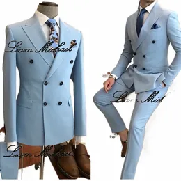Costume pour hommes bleu clair 2 pièces veste à double boutonnage pantalon de mariage formel marié smoking pic revers blazer personnalisé costume pour hommes a4Ly #