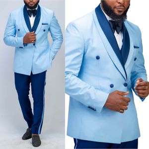 Bleu clair hommes mariage Tuxedos 2 pièces châle revers fête d'anniversaire homme tenues ensembles de mariage veste pantalon