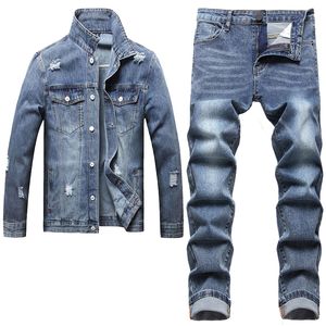 Hellblau Herren Denim Zweiteiler Set Loch Ripped Slim Fit Jacke Jeans Sets Männlich Casual Vintage Ropa Hombre Frachtanzug Streetwear
