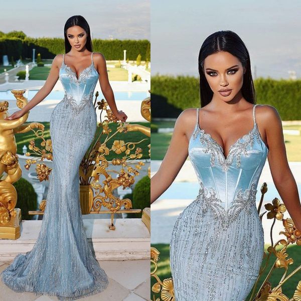 Robe de bal sirène bleu clair robes de soirée formelles en cristal spaghetti robes de soirée corsage élégant pour des occasions spéciales longueur de plancher robe de soirée