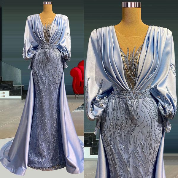 Robes de bal sirène bleu clair col en V sexy manches longues appliques de satin paillettes satin élégant plus la taille robes de bal élégantes longueur de plancher robe de soirée sur mesure