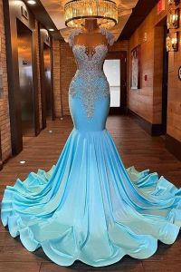 Robe de bal de forme sirène bleu clair, manches cape transparentes et strass perlés, robes de concours pour femmes, dos nu, longues robes de soirée BC