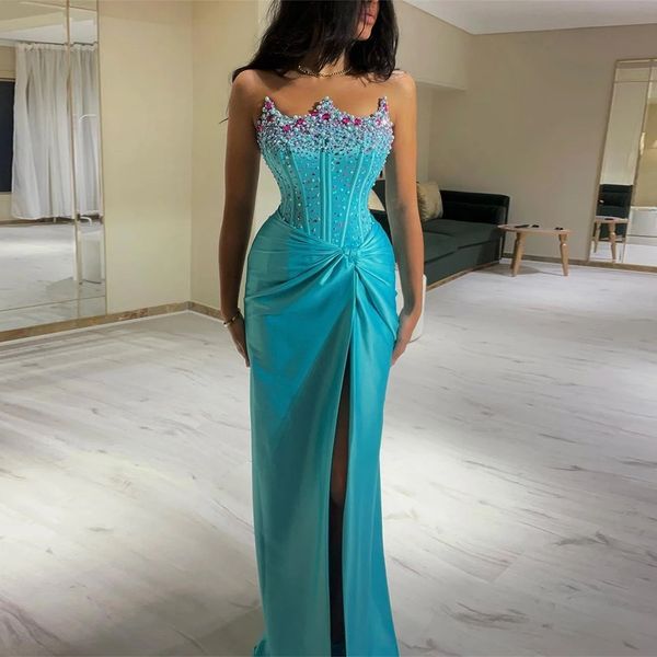 Bleu clair sirène étincelle couronne robes de soirée pour les femmes fente latérale haute satin perlé robes de soirée paillettes formelle occasion robes de bal robe sexy