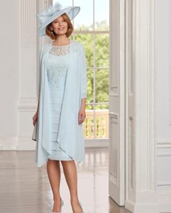 Robes de la mariée en bleu clair avec une veste longue veste bateau cou de dentelle appliquée invité usure plis de longueur de genou plus taille