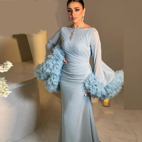 Vestidos de noche musulmanes de color azul claro 2023 bateau únicos Mangas largas hinchadas Vestidos de noche de gasa Sirena Islámico Dubai Árabe Vestido de fiesta formal largo