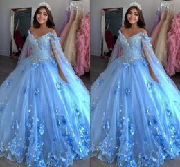 Lichtblauw nieuwe zoete 16 jurken baljurken handgemaakte bloemen kralen applique vestidos de quinceanera jurk met wraps prom pageant jurken pro232