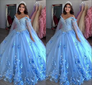 Bleu clair nouveau doux 16 robes robes de bal fleurs faites à la main perles appliques robes de Quinceanera robe avec enveloppes bal Pageant286x
