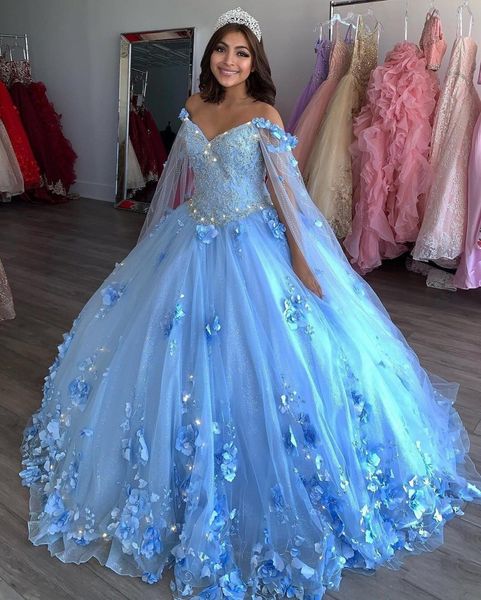 Bleu clair nouveau doux 16 robes robes de bal fleurs faites à la main perles appliques robes de quinceanera robe avec enveloppes bal Pageant2622