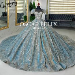 Bleu clair hors de la robe de boule épaule Quinceanera robes de luxe perle à paillettes à paillettes corset vestidos de xv anos