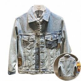 Chaqueta de mezclilla con parche azul claro para hombres en primavera y otoño Calle europea y americana Top suelto de gran tamaño para hombres U1Ex #