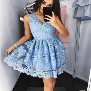 Lichtblauw Roze Full Lace Korte Homecoming Jurk V-hals Boven de knie Lengte Formele Galajurken Cocktail Gowns291n