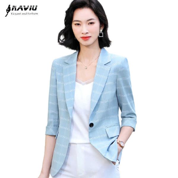 Light Blue Plaid Blazer Mujeres Verano Moda Temperamento Formal Slim Media Manga Chaqueta Oficina Damas Trabajo Abrigo 210604