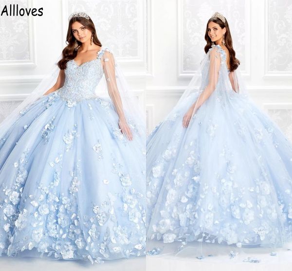 Robe de bal princesse bleu clair robes de Quinceanera dentelle florale paillettes appliquées bretelles spaghetti occasion spéciale robes d'anniversaire avec Wrap Sweet 16 robe CL1266