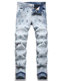 Jean skinny imprimé bleu clair pour hommes, pantalon droit ample et extensible, taille moyenne, à la mode