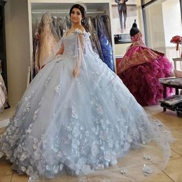 Vestido azul claro quinceanera com capa envolto 2021 ombro caído flores lantejoulas miçangas puffy party princesa doce 16 vestido vestidos de2436