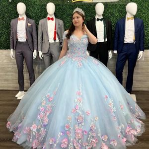 Robes de Quinceanera bleu clair pour Sweet 16 filles Appliques 3D fleurs Appliqued chérie robe de bal robe de bal 15 robes de fiesta