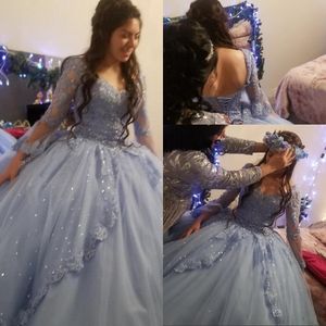 Lichtblauwe quinceanera jurken lange mouwen kanten appliques bling crystal kralen sweetheart korset terug plus size formeel feest prom avondjurken