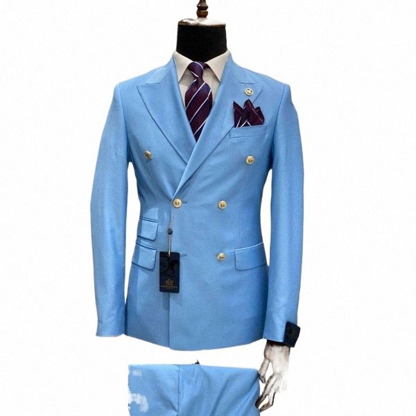 Azul claro Rojo Verde Doble botonadura Slim Fit Trajes de hombre Esmoquin de boda Novio Busin Fiesta de graduación Mejor hombre Blazer Traje Homme 39WC #