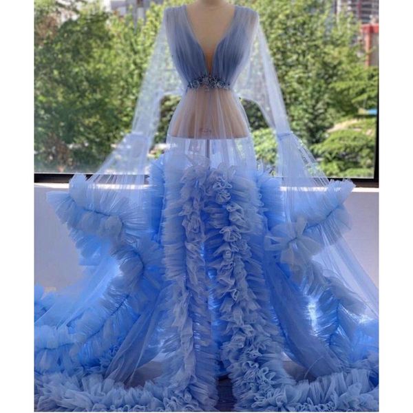 Bleu clair volants robes de bal manches longues à plusieurs niveaux voir à travers la maternité Photoshoot robe pour bébé douche Illusion robe de soirée