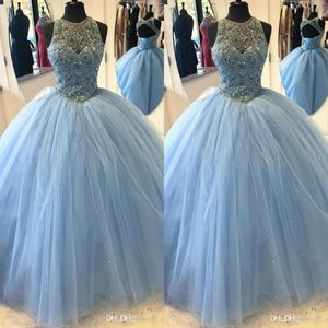 Robe de bal bleu clair robes de Quinceanera 2019 douce 16 robes Sexy perle creuse paillettes Tulle formelle occasion spéciale robe