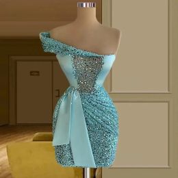 Robes de cocktail courtes bleu clair pour femmes gaine une épaule mini paillettes à la maison robes de soirée Haute Couture