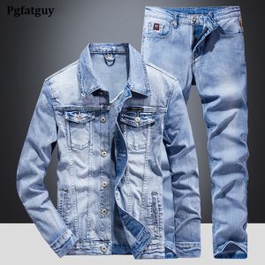 Bleu clair Simple décontracté hommes 2 pièces ensembles Stretch coupe ajustée à manches longues veste et jean printemps automne affaires quotidien Denim costume